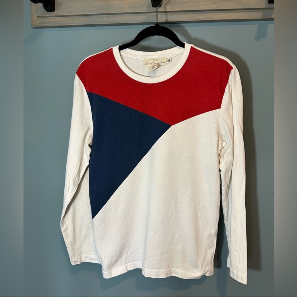 H&M L.O.G.G. Heavyweight Long Sleeve Shirt in White/Blue/Red Geometric Print